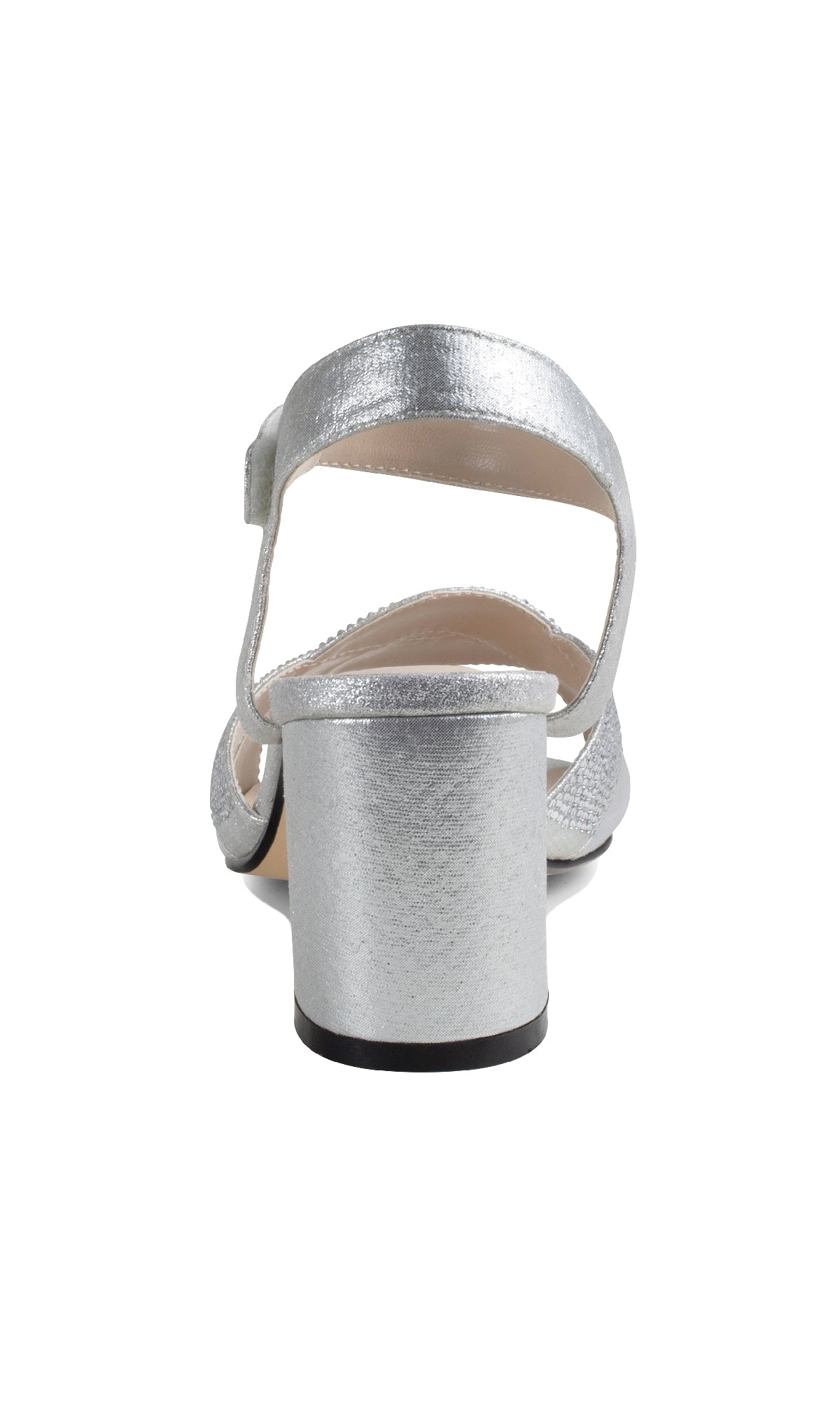 Rear view of the Cam Silver Shimmer Prom Dress Shoes by Touch Ups (4638), featuring open toes, block heels, and an ankle strap, displayed against a white background.